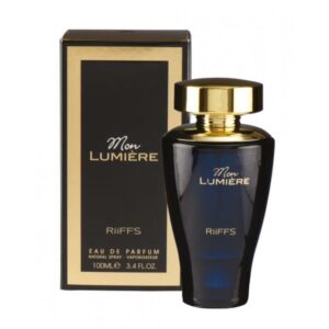 Fotografia real del perfume arabe riiffs mon lumiere de cien mililitros mostrando su frasco elegante de diseño femenino de lujo junto a su caja elegante