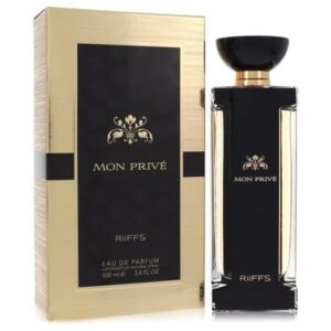 Fotografia real del perfume arabe riiffs mon prive de cien mililitros mostrando su frasco elegante de diseño femenino de lujo junto a su caja elegante