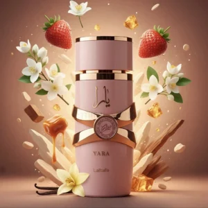Fotografia real del perfume arabe yara elixir de cien mililitros de la marca lattafa mostrando su frasco exclusivo con relieves metalizados oscuros junto a su caja de lujo