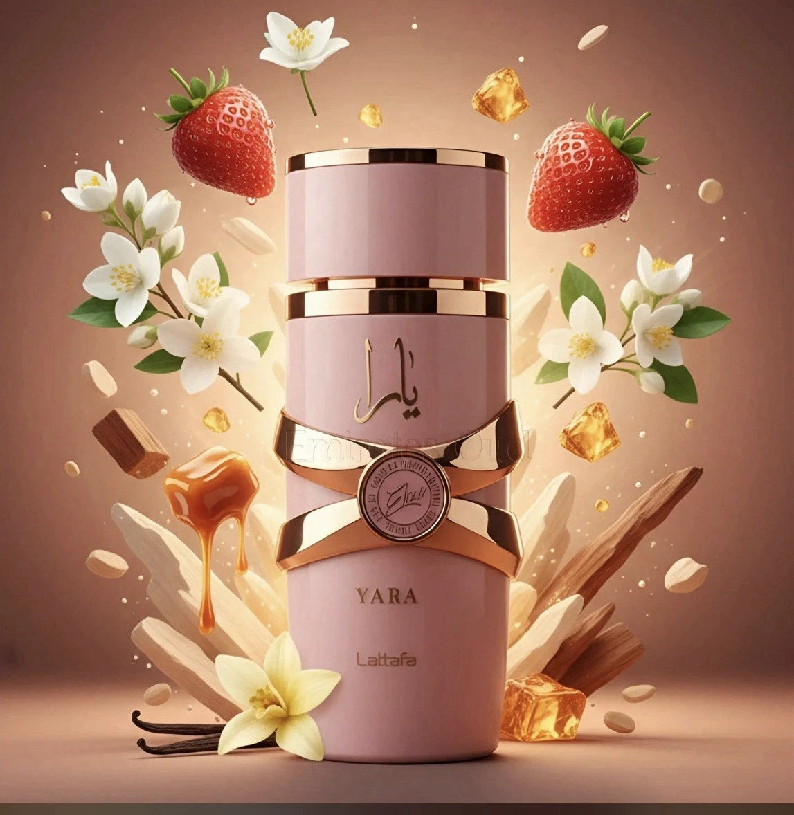 Perfume Arabe Yara Elixir Lattafa Original 👑 Fotografia real del perfume arabe yara elixir de cien mililitros de la marca lattafa mostrando su frasco exclusivo con relieves metalizados oscuros junto a su caja de lujo