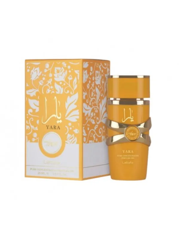 Perfume en Aceite Yara Tous Lattafa Original 👑 Fotografia real del perfume en aceite yara tous de veinte mililitros de la marca lattafa mostrando su pequeño frasco naranja con detalles dorados junto a su caja elegante