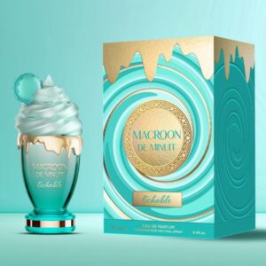 Fotografia real del perfume macroon de minuit lickable de cien mililitros mostrando su frasco exclusivo gourmet de diseño seductor junto a su caja elegante