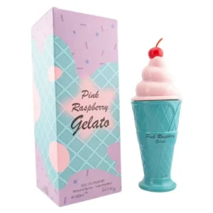 Fotografia real del perfume pink raspberry gelato de cien mililitros de la marca flirtisy mostrando su frasco exclusivo de diseño gourmand junto a su caja elegante