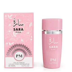 Fotografia real del perfume sara pink de cien mililitros de la marca perfume mania mostrando su frasco rosa de diseño femenino junto a su caja elegante