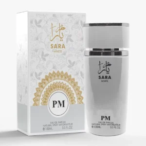 Fotografia real del perfume sara white de cien mililitros de la marca perfume mania mostrando su frasco blanco de diseño minimalista y elegante junto a su caja