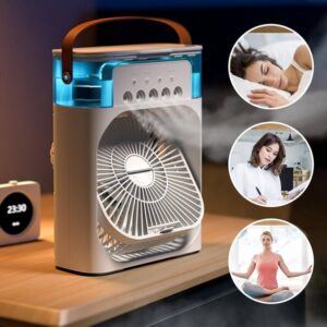 Climatizador evaporativo portátil blanco y ventilador de escritorio con iluminacion led azul echando vapor junto a iconos de dormir, trabajar y hacer yoga