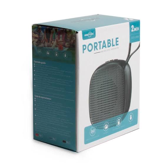 Caja Comercial del Altavoz Greatnice GTS-2485 📦 Caja de empaque comercial del altavoz inalambrico portatil de dos pulgadas mostrando el diseño del producto y las especificaciones tecnicas en el lateral