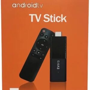 Vista frontal limpia de la caja naranja de androidtv tv stick 4k ultra hd con logotipos de aplicaciones como netflix youtube y hbo