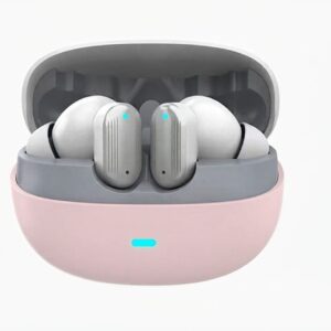 Auriculares inalambricos beotes zs-580 de color blanco guardados en su estuche de carga rosa con luz led azul encendida