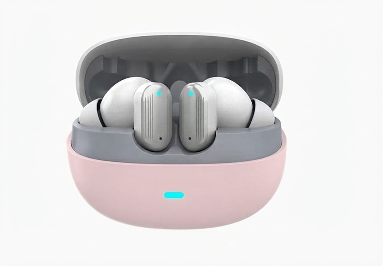 Beotes ZS580 Rosa 🌸 Auriculares inalambricos beotes zs-580 de color blanco guardados en su estuche de carga rosa con luz led azul encendida
