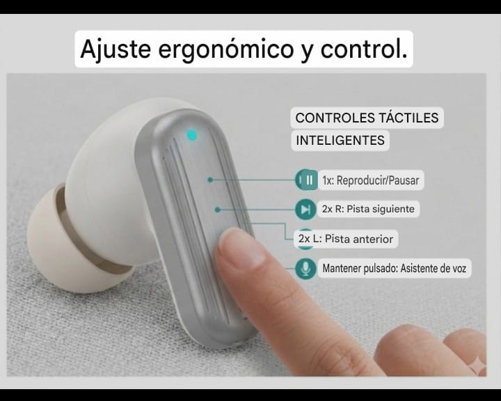 Controles Táctiles ZS580 👆 Primer plano de un dedo pulsando la superficie tactil cromada del auricular beotes zs-580 explicando los comandos de reproduccion