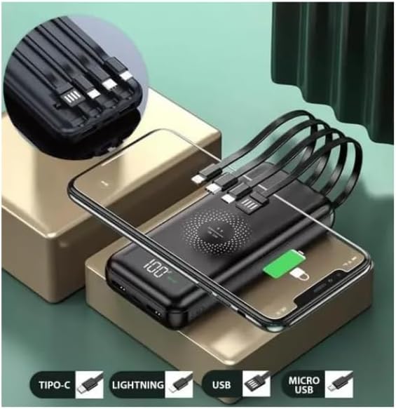 Conectividad Universal Inteligente 📱 Cargador portatil negro sobre peanas doradas cargando un smartphone encima por induccion y mostrando los cuatro tipos de conexiones
