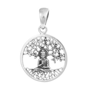Colgante de plata con diseño de Buda meditando bajo el Árbol de la Vida, diámetro de 16mm, acabado brillante.