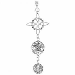 Colgante plata triple protección 57mm con Nudo de Bruja, Pentagrama y San Benito