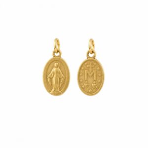 Colgante Virgen Milagrosa de 11mm con acabado bañado en oro, vista frontal y reverso sobre fondo limpio.