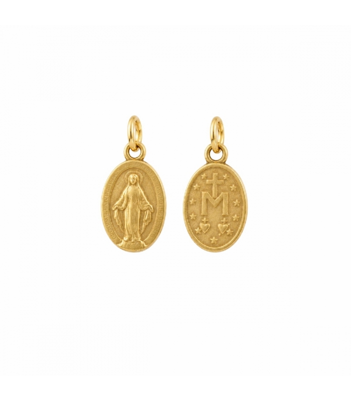 Colgante Virgen Milagrosa 11mm Bañado 👑 Colgante Virgen Milagrosa de 11mm con acabado bañado en oro, vista frontal y reverso sobre fondo limpio.