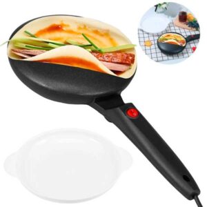 Crepera electrica portatil Sokany modelo SK-5208 con mango ergonomico negro e interruptor rojo mostrando un crepe relleno doblado y un plato blanco para la masa abajo