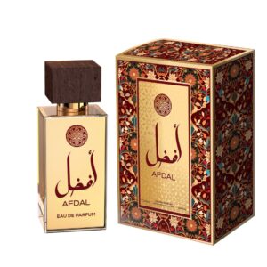 Botella de lujo de diseno imponente con detalles arabescos del perfume arabe afdal afaq mostrando su estuche de gala