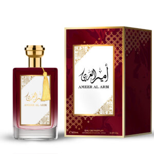Botella de lujo de diseno aristocratico del perfume arabe ameer al arbi afaq mostrando sus relieves oscuros y su estuche de gala