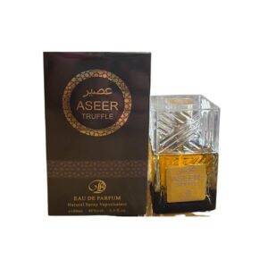 Botella de diseño premium del perfume arabe aseer truffle de cien mililitros mostrando sus acabados de alta gama y su caja de diseno exclusivo