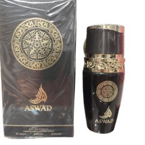 Fotografia real del perfume arabe aswad bold reserve afaq de cien mililitros mostrando su frasco exclusivo de alta gama y diseño oriental junto a su caja elegante