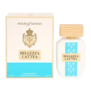 Fotografia real del perfume arabe bellezza lattea de cien mililitros de la marca house of morais mostrando su frasco exclusivo con tapo de madera junto a su caja elegante