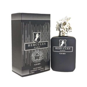 Fotografia del envase de vidrio oscuro del perfume arabe hercules paris de cien mililitros mostrando los relieves y su caja de diseno refinado
