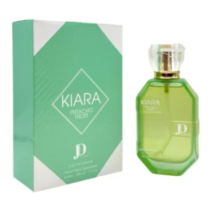 Fotografia real del perfume arabe kiara pistachio frost de cien mililitros de la marca jd mostrando su frasco exclusivo de diseño gourmand junto a su caja elegante