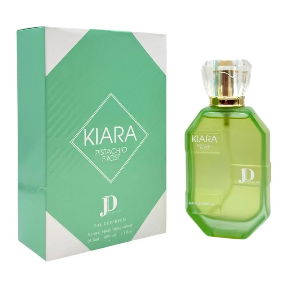 Perfume Arabe Kiara Pistachio Frost Original JD 👑 Fotografia real del perfume arabe kiara pistachio frost de cien mililitros de la marca jd mostrando su frasco exclusivo de diseño gourmand junto a su caja elegante