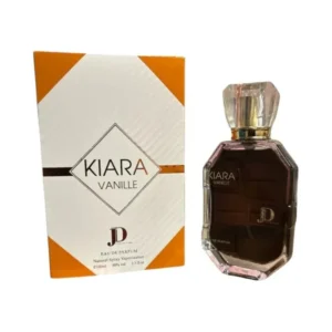 Fotografia real del perfume arabe kiara vanille de cien mililitros de la marca jd mostrando su frasco exclusivo de diseño gourmand junto a su caja elegante