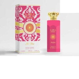 Fotografia real del perfume arabe lara sweet de cien mililitros de la marca sensinity mostrando su frasco exclusivo de diseño oriental junto a su caja elegante