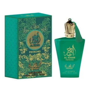Botella de lujo de diseno exclusivo del perfume arabe manasik al khair pistachio de cien mililitros mostrando sus detalles orientales y su estuche de gala
