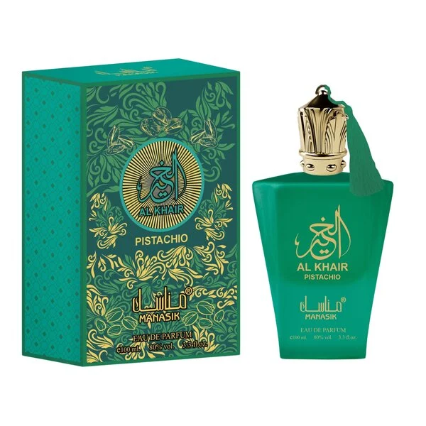 Perfume Arabe Manasik Al Khair Pistachio Original 👑 Botella de lujo de diseno exclusivo del perfume arabe manasik al khair pistachio de cien mililitros mostrando sus detalles orientales y su estuche de gala