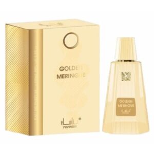 Botella de lujo de diseno exclusivo en tonos dorados del perfume arabe manasik golden meringue de cien mililitros mostrando sus detalles de gala