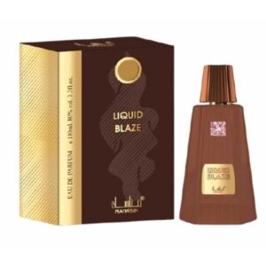 Botella de lujo de diseno vanguardista del perfume arabe manasik liquid braze de cien mililitros mostrando sus acabados metalizados y su estuche de gala