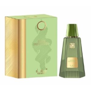 Botella de lujo de diseno exuberante del perfume arabe manasik lush pistachio de cien mililitros mostrando sus acabados dorados y su estuche de gala