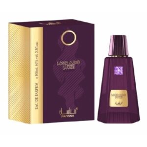 Botella de lujo de diseno imponente en tonos purpuras del perfume arabe manasik morado luxe de cien mililitros mostrando sus detalles dorados y su estuche de gala