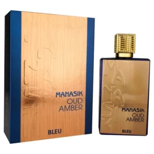 Botella de lujo en tonos azules y dorados del perfume arabe manasik oud amber bleu de cien mililitros mostrando sus acabados y su caja de diseño exclusivo