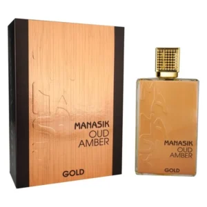 Botella de lujo en tonos dorados y negros del perfume arabe manasik oud amber gold de cien mililitros mostrando sus acabados metálicos y su caja de gala