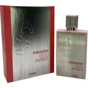Botella de lujo en tonos rosados y metalizados del perfume arabe manasik oud amber pink de cien mililitros mostrando sus acabados y su caja de diseno exclusivo