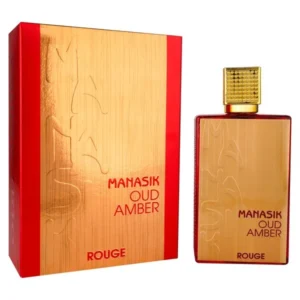 Botella de lujo en tonos rojos intensos y dorados del perfume arabe manasik oud amber rouge de cien mililitros mostrando sus detalles metalicos y su estuche de gala