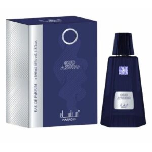 Botella de lujo de diseno imponente en tonos azul turquesa del perfume arabe manasik oud azuro de cien mililitros mostrando sus detalles metalicos y su estuche de gala