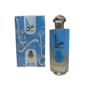 Botella de lujo de diseno exclusivo del perfume arabe manasik ranan de cien mililitros mostrando sus acabados metalicos y su estuche de gala
