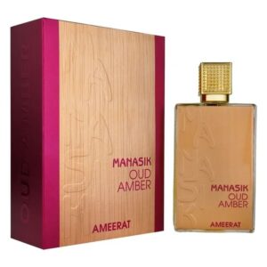 Botella de lujo del perfume arabe oud amber ameerat de cien mililitros mostrando sus detalles orientales y su estuche de diseno exclusivo