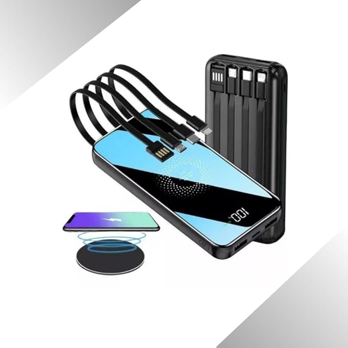 Batería Externa Inalámbrica 20000mAh 🦾 Render doble de la bateria externa negra de veinte mil miliamperios mostrando la zona de induccion frontal y la trasera con cuatro cables planos