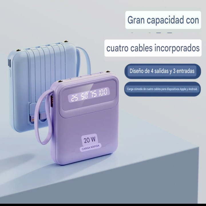 Power Bank con Cuatro Cables Integrados 🔌 Dos baterias portatiles de color morado y azul celeste mostrando la pantalla frontal y el reverso con cuatro cables de conexion acoplados
