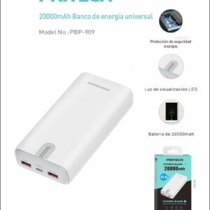 Ficha comercial de la bateria externa marca Pritech de veinte mil miliamperios mostrando la luz de visualizacion LED y las medidas de la caja
