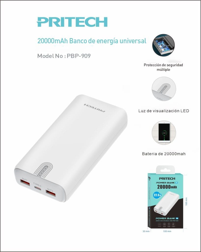 Batería Externa Pritech PBP-909 🔌 Ficha comercial de la bateria externa marca Pritech de veinte mil miliamperios mostrando la luz de visualizacion LED y las medidas de la caja