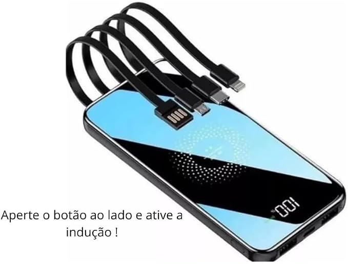Pantalla LED Inteligente Espejo 🎯 Render en primer plano de la bateria con los cuatro cables arqueados sobre el frontal de espejo que marca cien por cien de energia