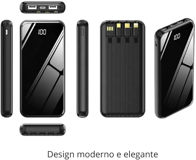 Diseño Moderno y Elegante Espejo 🪞 Composicion de vistas del chasis de la bateria externa mostrando el frontal de espejo con pantalla de cien por cien los laterales y el reverso con cables acoplados